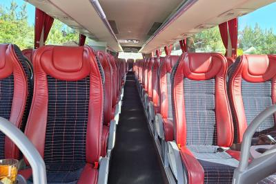 Intérieur d'un véhicule spacieux avec sièges en cuir noir, toit ouvrant et fenêtres équipées de rideaux.