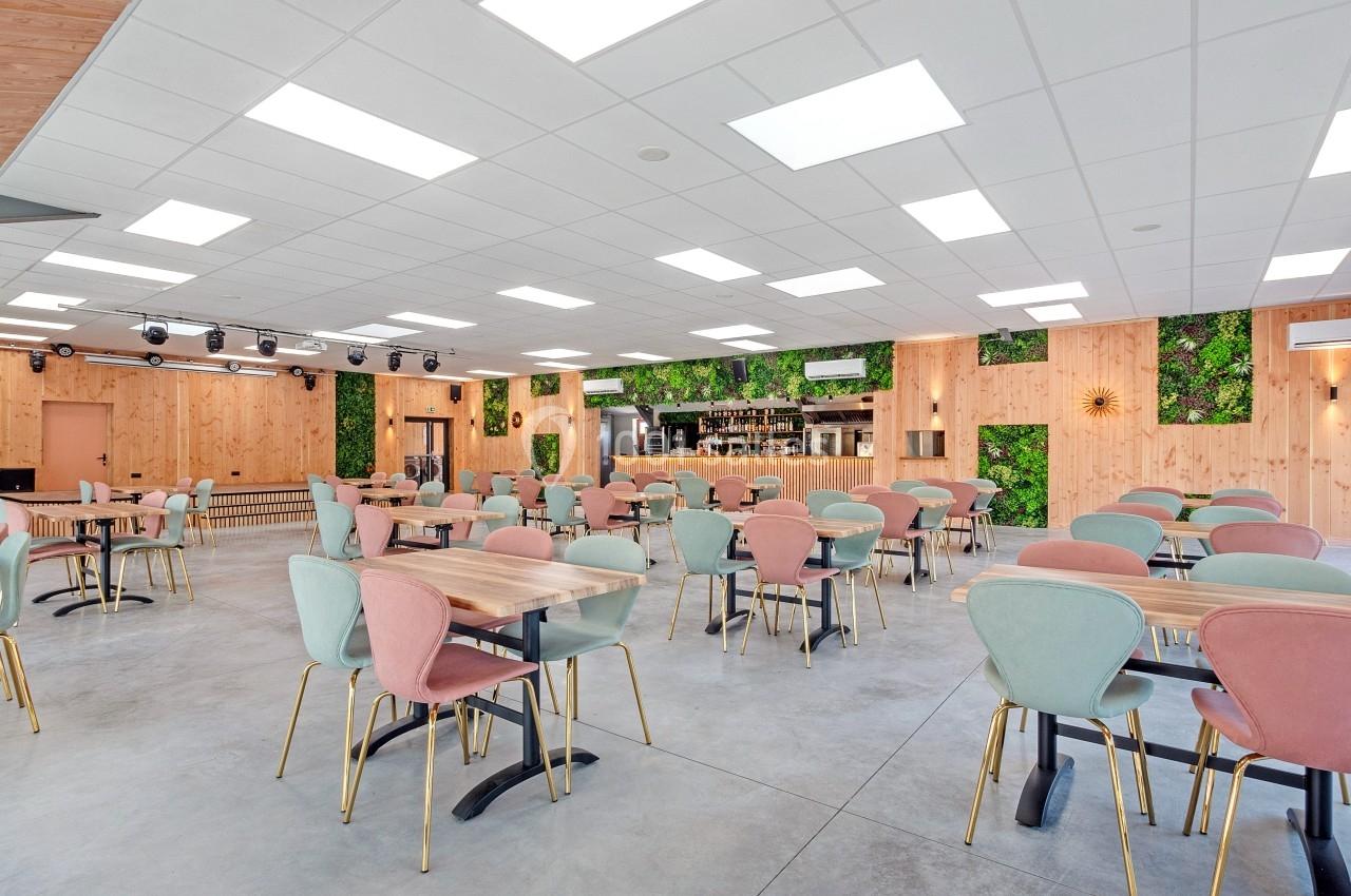 Salle lumineuse avec tables et chaises colorées, murs en bois et végétation, bar en arrière-plan.