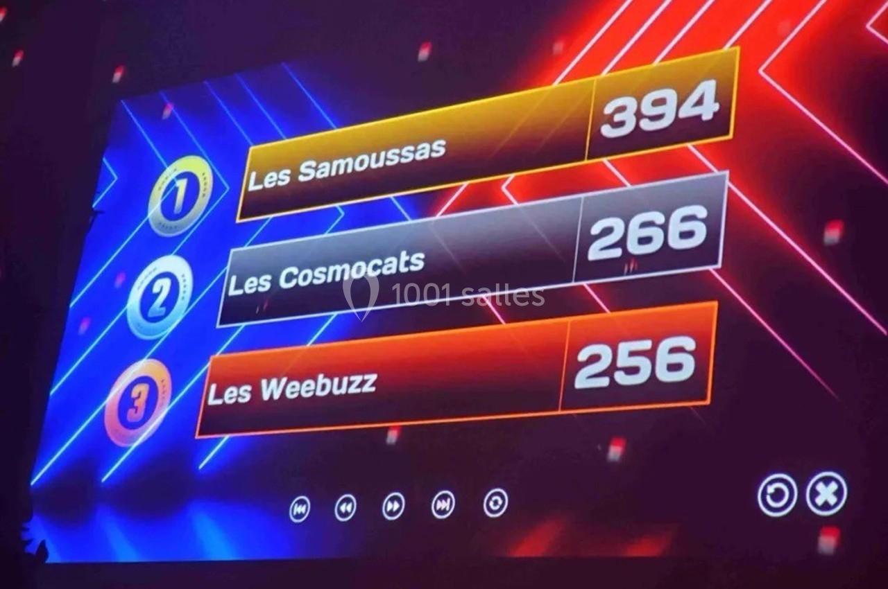 Classement affiché sur un écran avec trois équipes : Les Samoussas, Les Cosmocats et Les Weebuzz, et leurs scores respectifs.