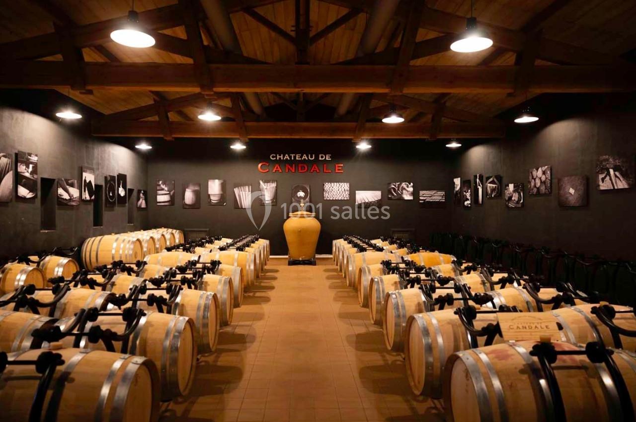 Salle de vieillissement avec des barriques en bois alignées sous un plafond en poutres apparentes, éclairée par des…