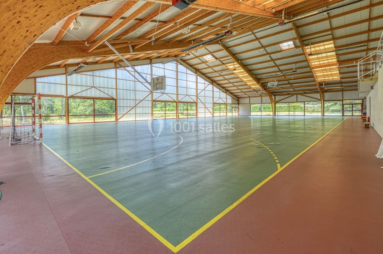 Salle de sport lumineuse avec sol en revêtement synthétique, lignes de terrain tracées et structure en bois apparent.