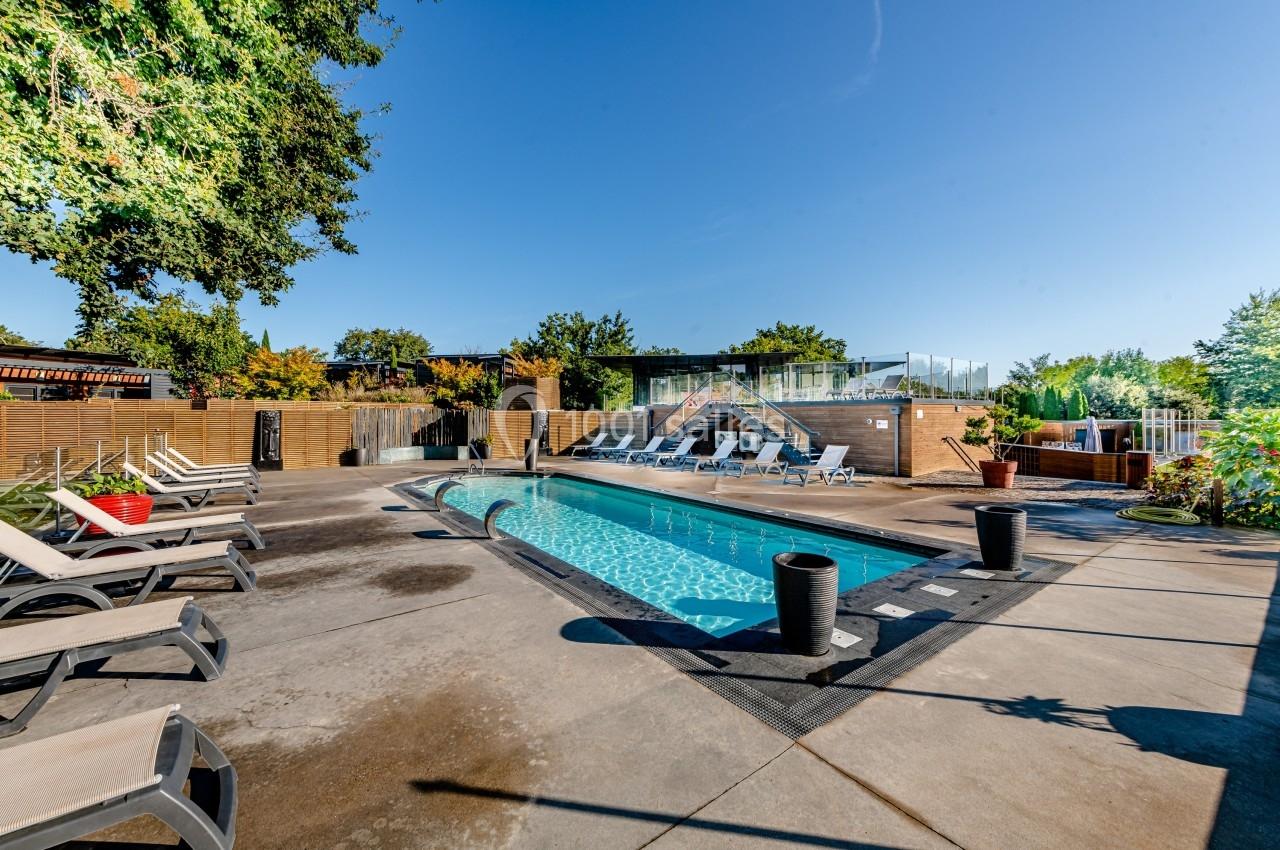 Piscine extérieure entourée de chaises longues, avec des arbres et un ciel dégagé en arrière-plan.