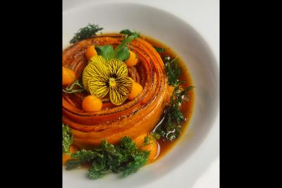 Assiette gastronomique avec saumon, mousse blanche, herbes fraîches et sauce jaune décorée de points verts.