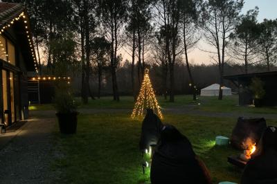 Salle de bain avec un grand miroir doré, deux vasques noires, robinetterie dorée et décoration moderne.