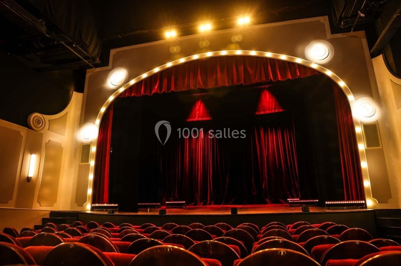 Grande salle du Palais des Glaces Salle de théâtre avec rideaux rouges fermés, éclairée par des projecteurs et entourée de sièges en velours rouge.