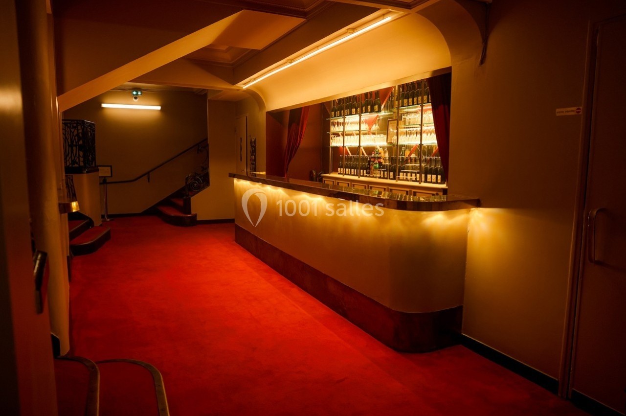 Le Grand bar du Palais des Glaces Bar éclairé avec des étagères de bouteilles, situé dans un couloir à moquette rouge et éclairage tamisé.