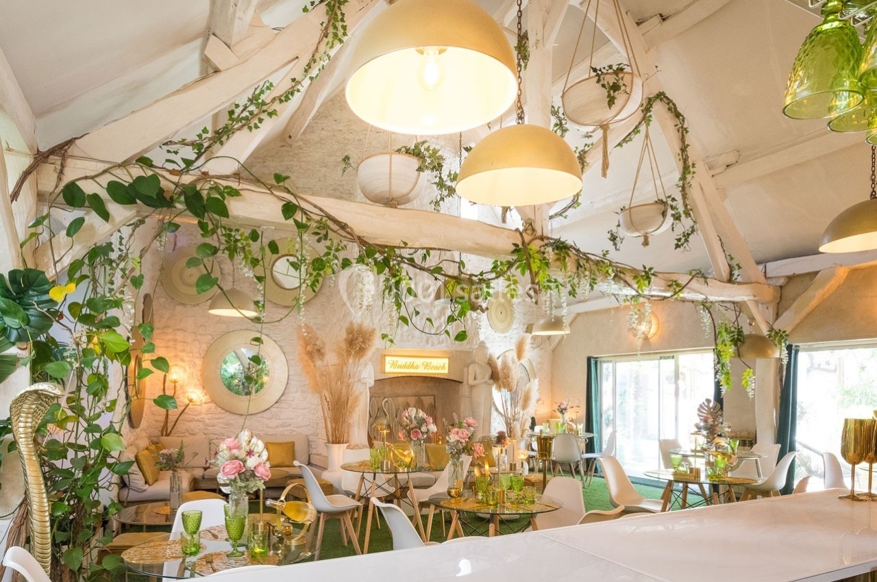 Salle lumineuse décorée de plantes suspendues, mobilier coloré et éléments naturels dans une ambiance chaleureuse.