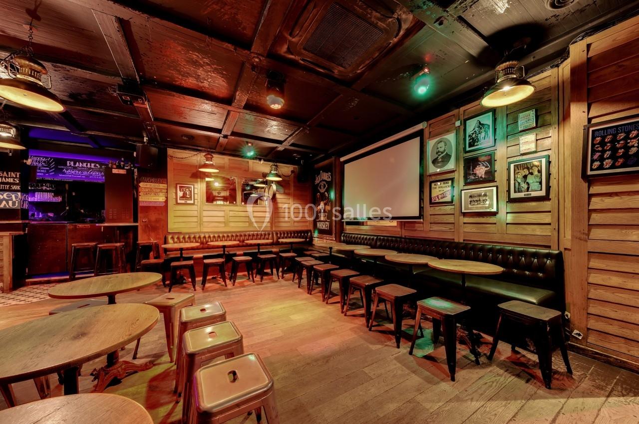 Salle de bar avec tables en bois, tabourets métalliques, banquettes noires et écran de projection au mur.