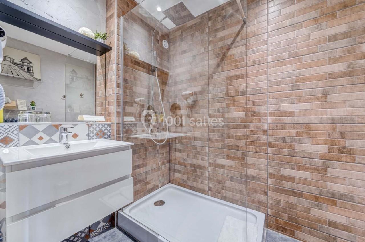 Salle de bain avec douche à l'italienne, carrelage effet brique, vasque blanche et miroir au mur.