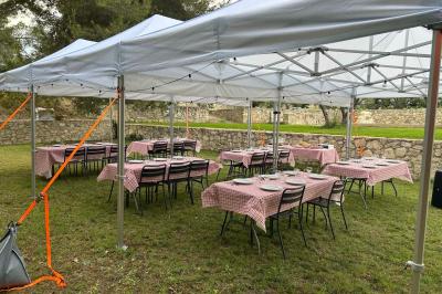 Salon avec canapé beige, fauteuils, table basse, télévision, cheminée en pierre et plafond avec poutres apparentes.