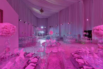 Miniature Petit Salon  Salle de réception décorée avec des fleurs blanches, des tables élégantes et un éclairage rose tamisé.