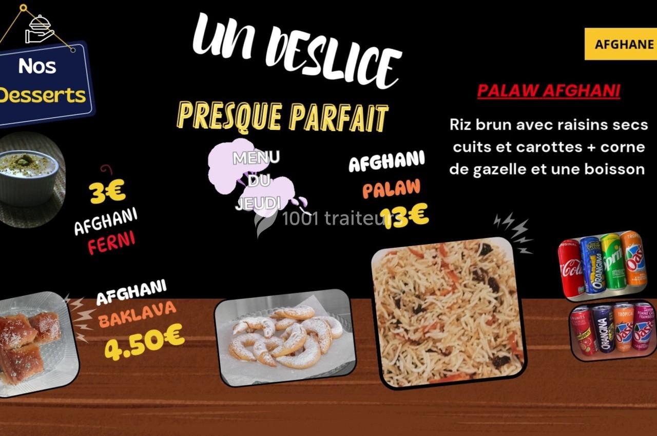 Image présentant un menu de plats afghans avec desserts, boissons et prix affichés sur un fond noir.