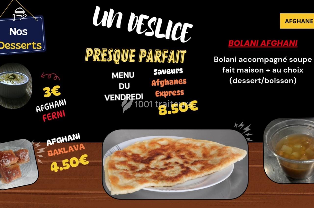 Image d'un menu proposant des plats et desserts afghans, avec photos et prix, dont bolani, baklava et ferni.