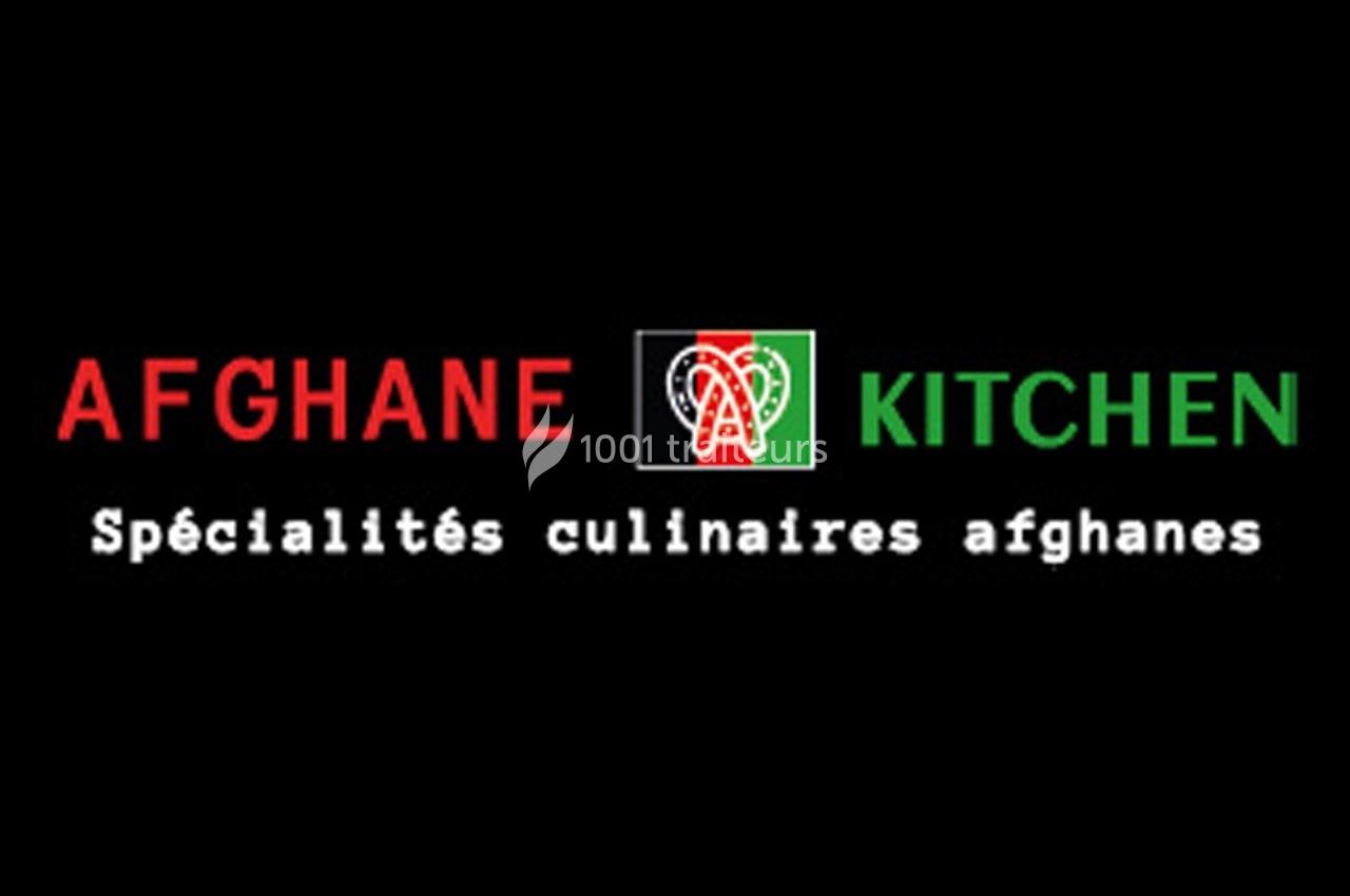 Logo d'Afghane Kitchen avec texte ’Spécialités culinaires afghanes’ sur fond noir.