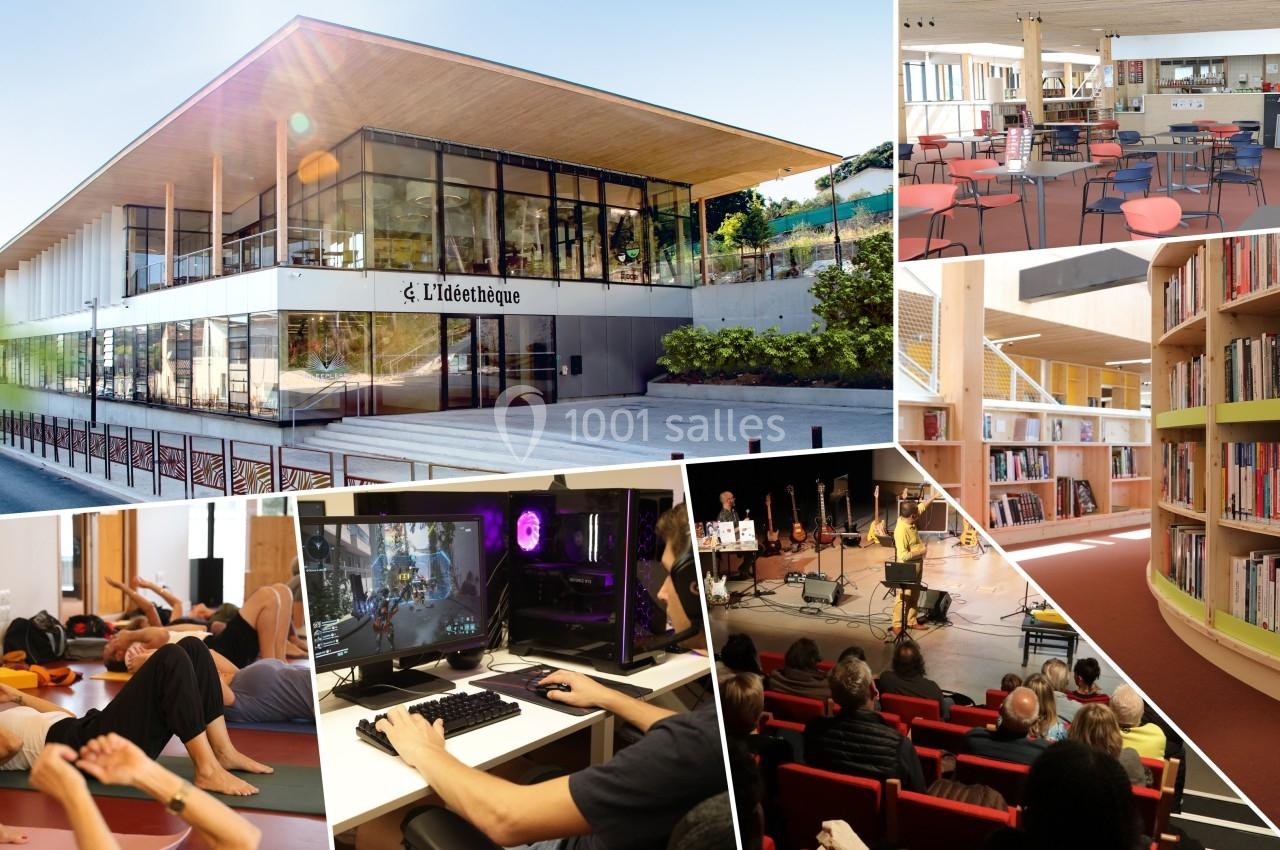 Vue d'une médiathèque moderne avec espaces de lecture, activités culturelles, concerts, jeux vidéo et cours collectifs.