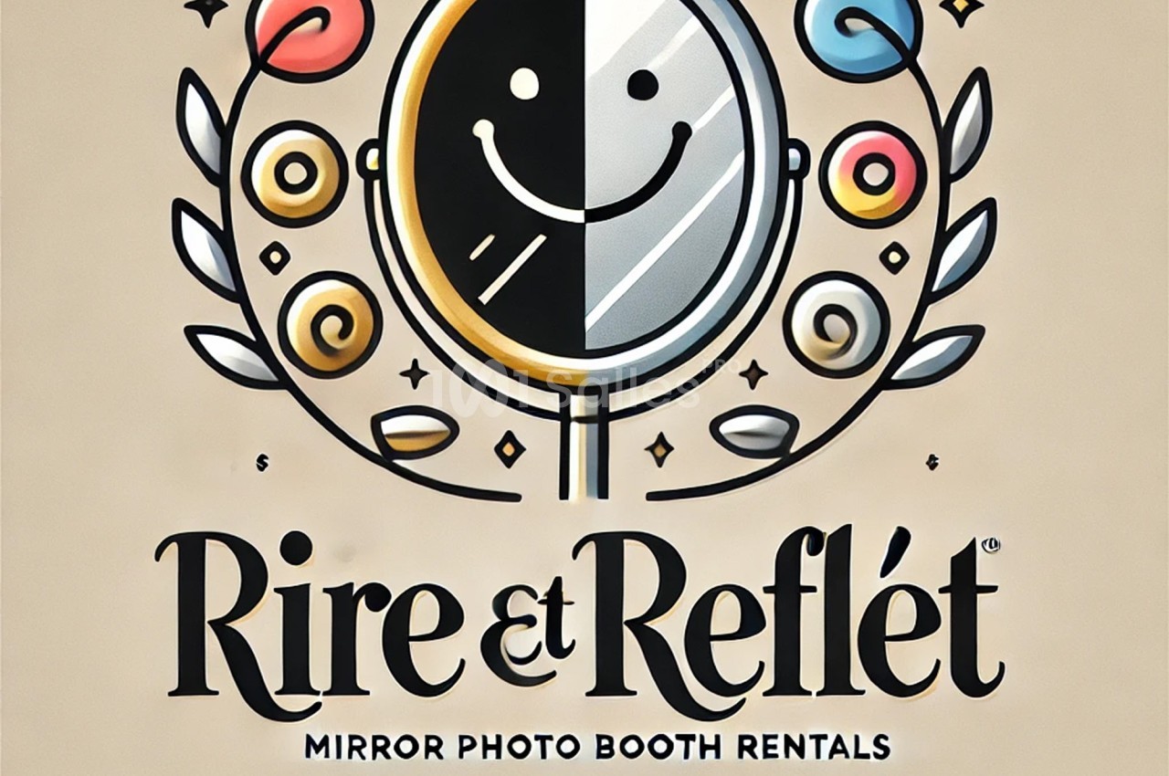 Illustration d'un miroir souriant entouré de motifs décoratifs colorés avec le texte ’Rire et Reflet’.