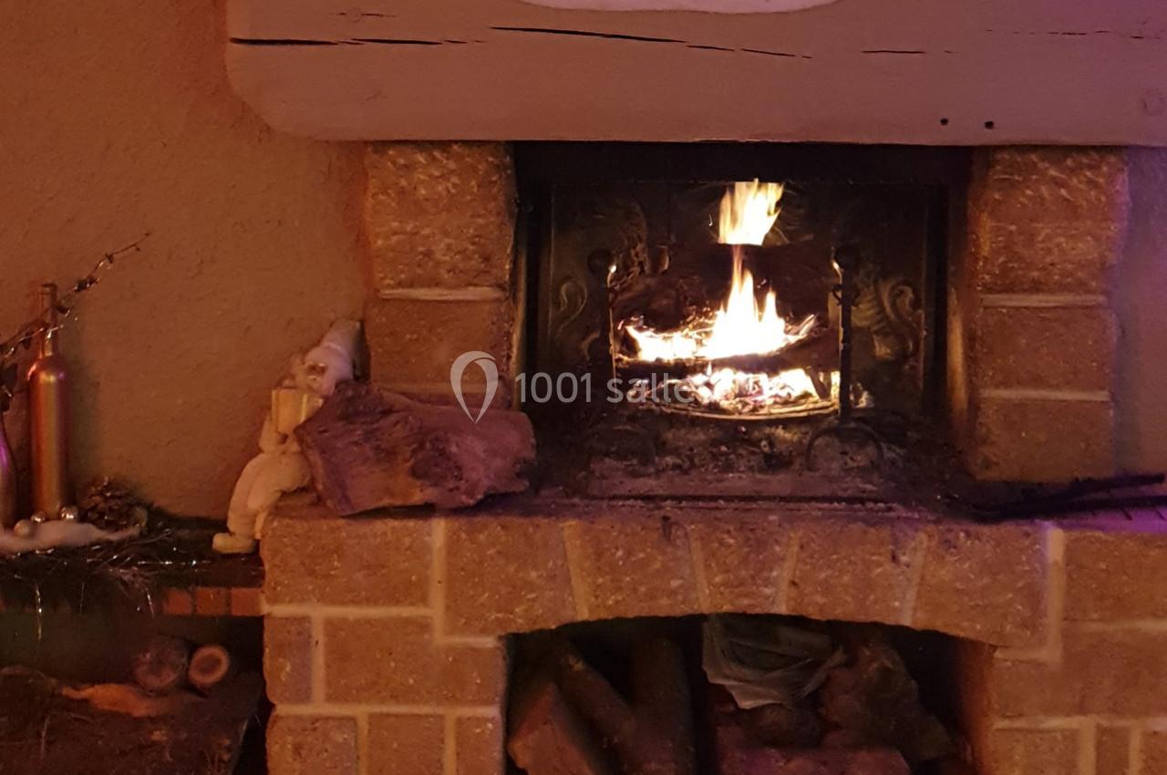 Cheminée en pierre allumée avec des bûches, décorée d'objets et d'une figurine dans un intérieur chaleureux.