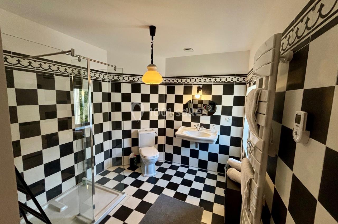 Salle de bain avec carrelage noir et blanc, douche vitrée, lavabo, toilettes et éclairage suspendu.