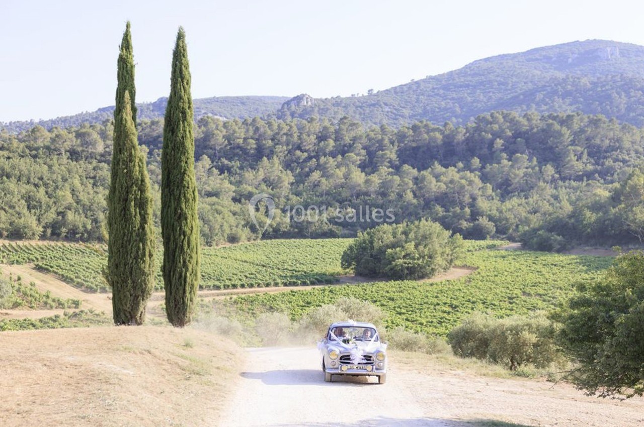 Location salle Signes (Var) - Château de Cancerilles #51 Une voiture ancienne roule sur un chemin de terre entouré de vignes et de collines boisées sous un ciel clair.