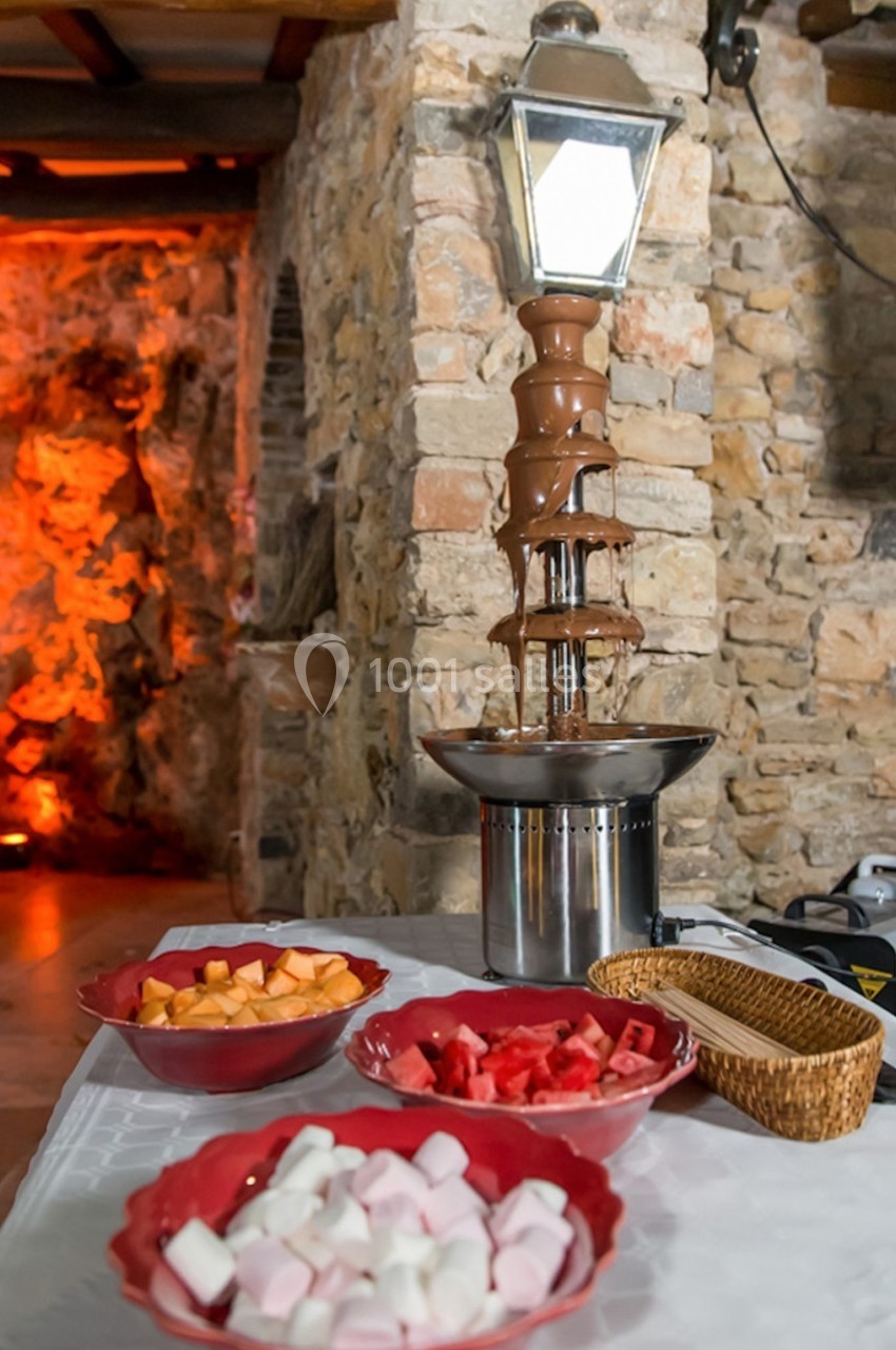 Location salle Signes (Var) - Château de Cancerilles #58 Fontaine à chocolat entourée de bols contenant des morceaux de fruits et des guimauves, disposés sur une table.