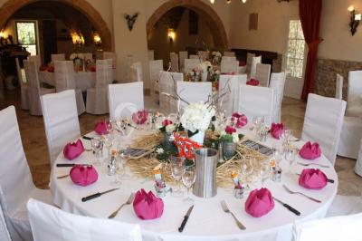 Miniature Location salle Signes (Var) - Château de Cancerilles #29 Mobilier de jardin blanc disposé sur une terrasse en gravier, avec vue sur des vignes et une forêt en arrière-plan.