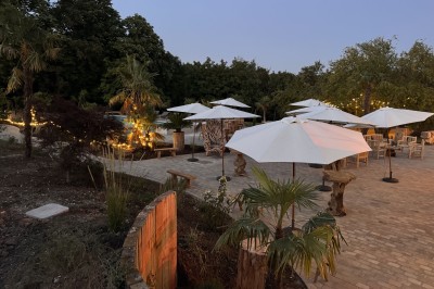 Miniature Terrasse extérieur de l'Orangerie de l'Orée du Bois 78 Salle de réception illuminée par des suspensions lumineuses, avec des invités assis à des tables rondes.