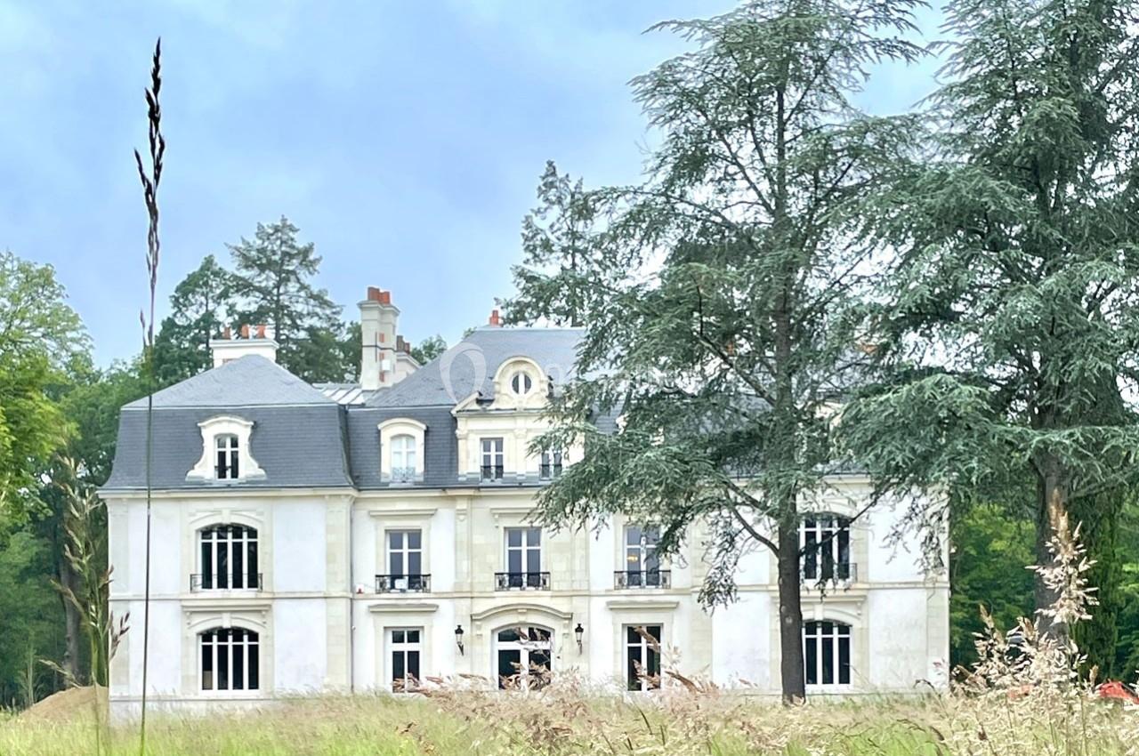 Façade d'un grand bâtiment blanc de style classique entouré d'arbres et d'herbes hautes.