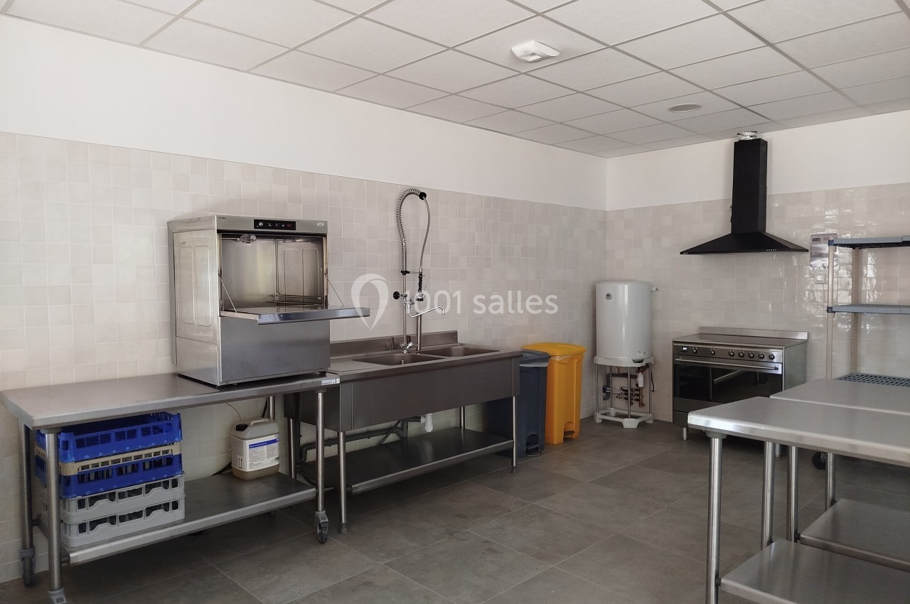 Cuisine professionnelle avec équipements en inox, lave-vaisselle, évier, cuisinière, hotte et poubelles colorées.