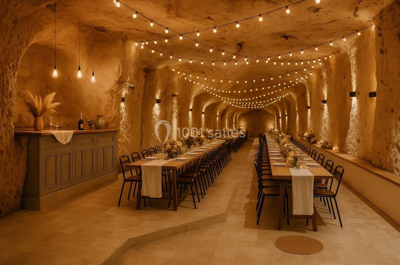 Salle voûtée éclairée par des guirlandes lumineuses, aménagée avec de longues tables décorées pour un repas.