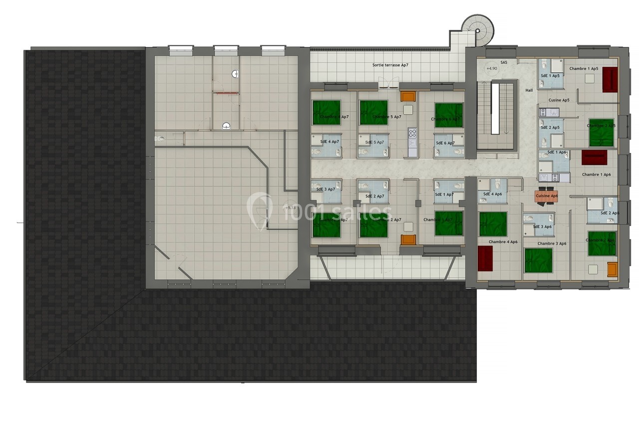 Plan d'étage détaillé montrant la disposition des chambres, couloirs et espaces communs d'un bâtiment.