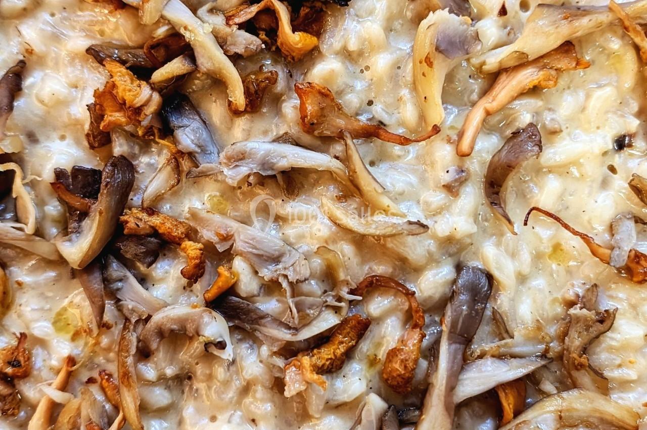 Risotto crémeux garni de champignons sautés dorés et légèrement croustillants.