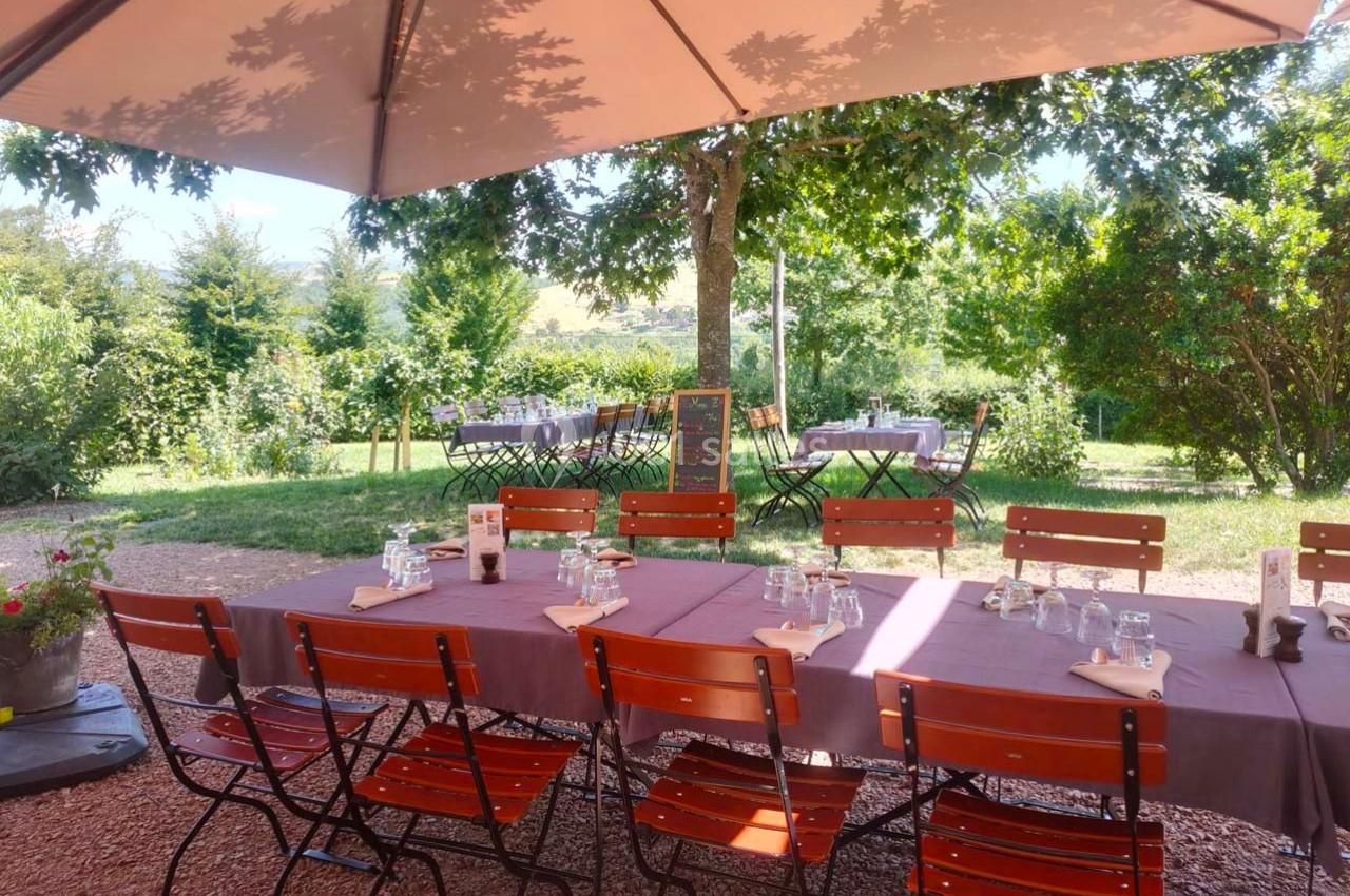 Tables en bois dressées avec nappes et verres sous un grand parasol dans un jardin verdoyant.
