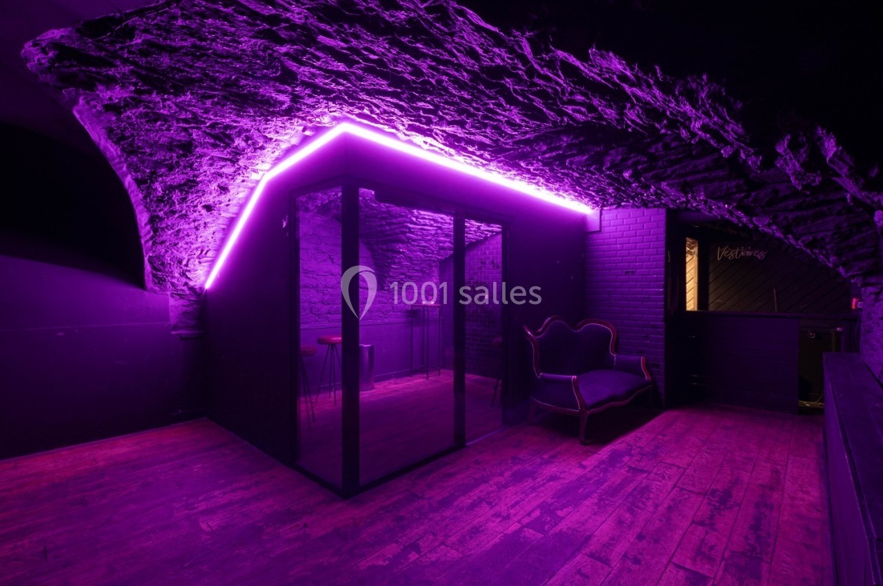 Salle voûtée avec murs en pierre, éclairage violet, parquet en bois, canapé et espace vitré moderne.