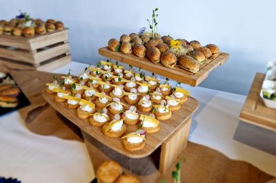 Miniature Traiteur Grigny (Essonne) - LCG Traiteur #10 Plat dressé avec une base de viande effilochée, purée de pommes de terre, feuilles de salade et sauce en décoration.