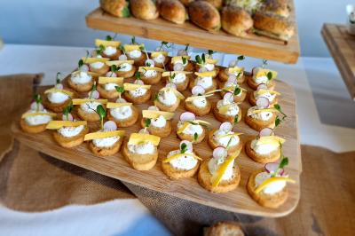 Miniature Traiteur Grigny (Essonne) - LCG Traiteur #20 Plat dressé avec une base de viande effilochée, purée de pommes de terre, feuilles de salade et sauce en décoration.