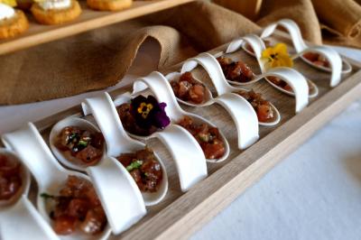 Plat dressé avec une base de viande effilochée, purée de pommes de terre, feuilles de salade et sauce en décoration.