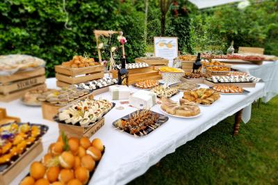 Plat dressé avec une base de viande effilochée, purée de pommes de terre, feuilles de salade et sauce en décoration.