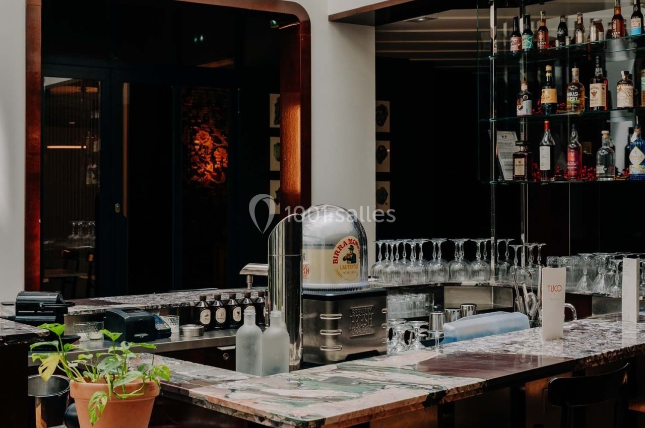 Bar intérieur avec comptoir en marbre, étagères de bouteilles, verres alignés et une plante en pot au premier plan.
