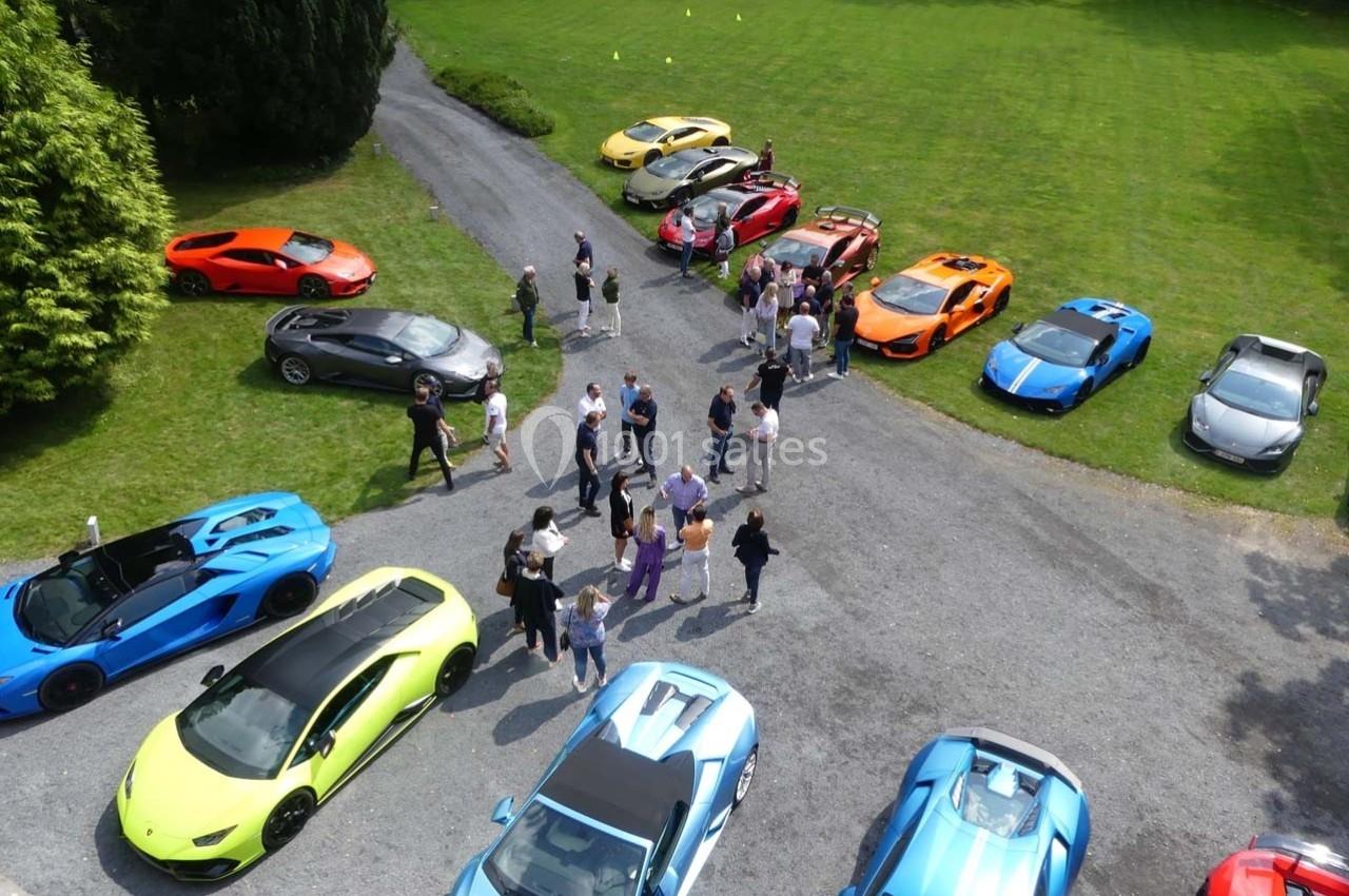 Rassemblement de voitures de sport colorées garées sur une allée et une pelouse, entourées de personnes.