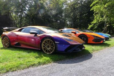 Quatre voitures sportives colorées alignées sur un parking en plein air, entourées de verdure.