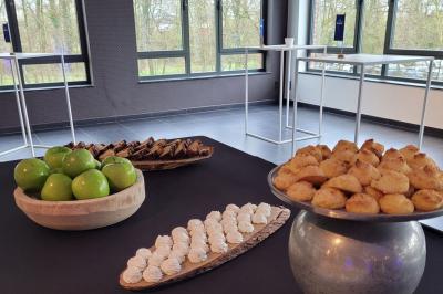 Quatre voitures sportives colorées alignées sur un parking en plein air, entourées de verdure.