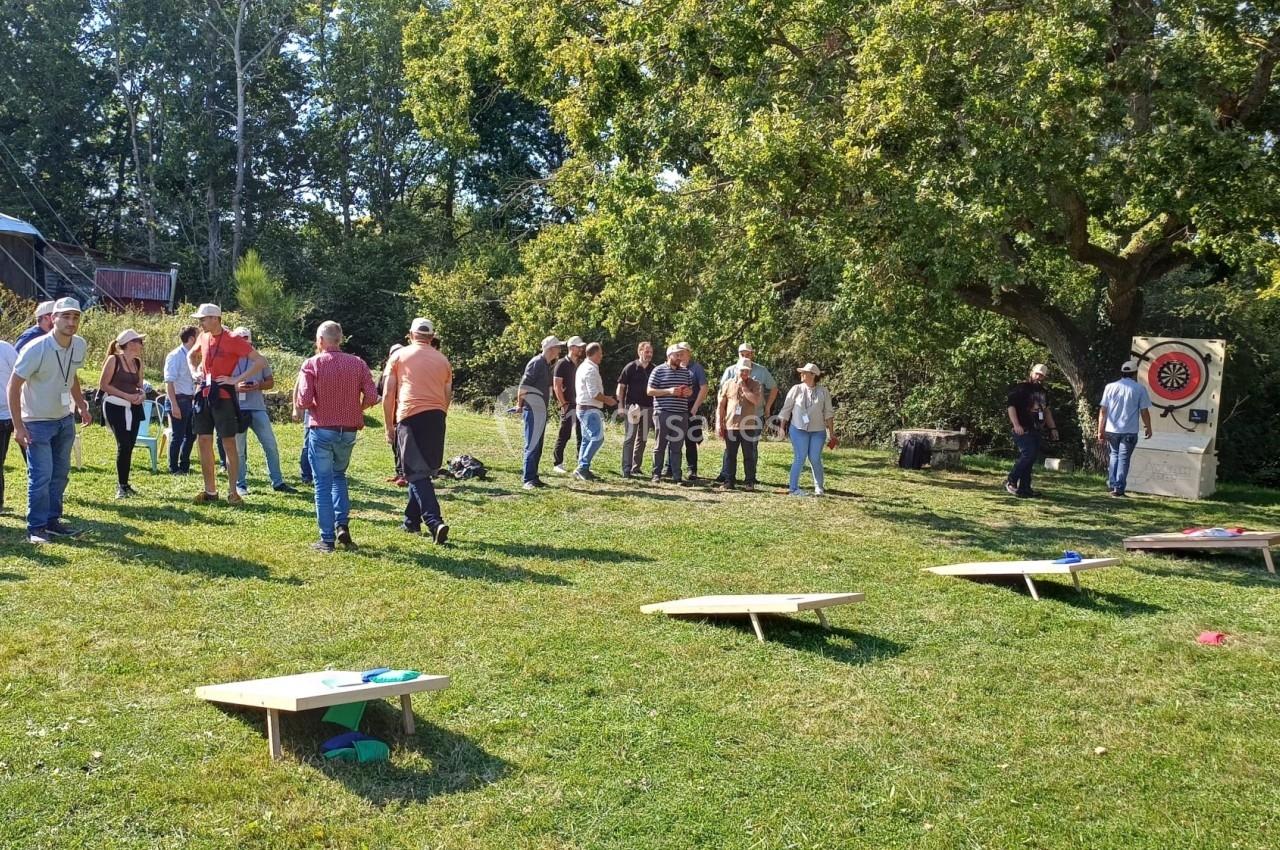 Des personnes participent à des activités de plein air sur une pelouse, avec des cibles et des jeux installés.