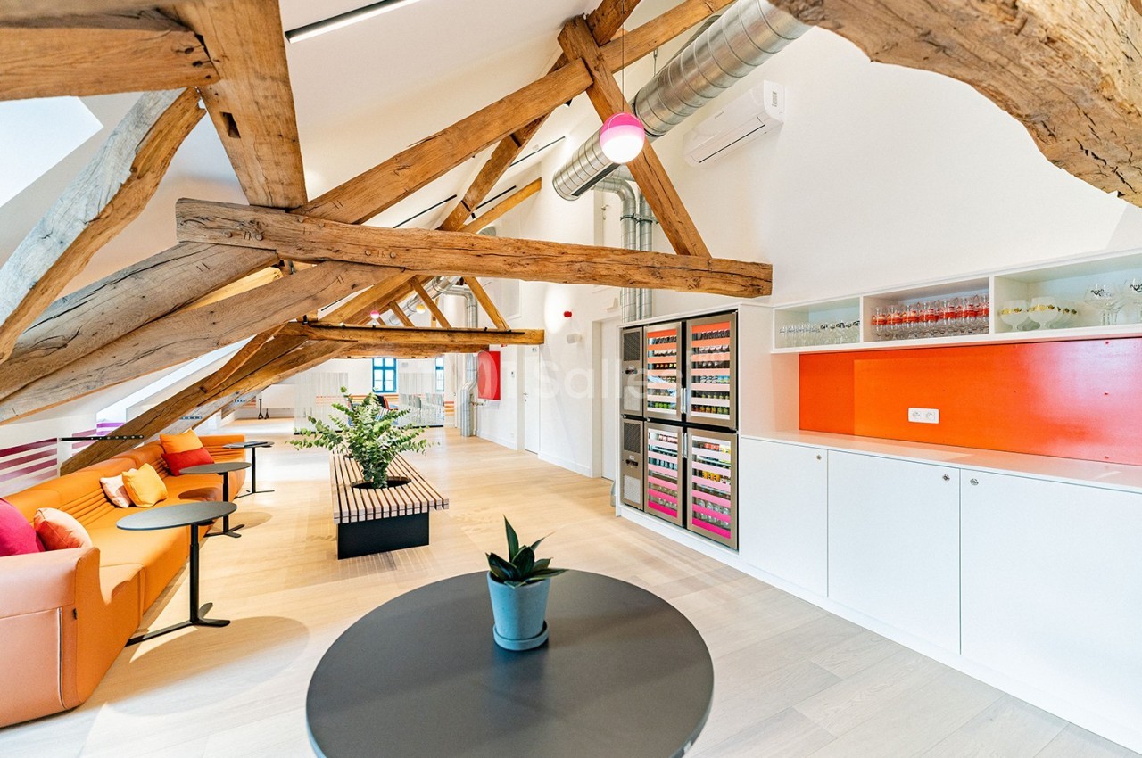 Espace lumineux sous combles avec poutres apparentes, mobilier moderne, plantes et rangements colorés.