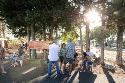 Une main verse du vin blanc dans un verre transparent, avec des bouteilles en arrière-plan flou.