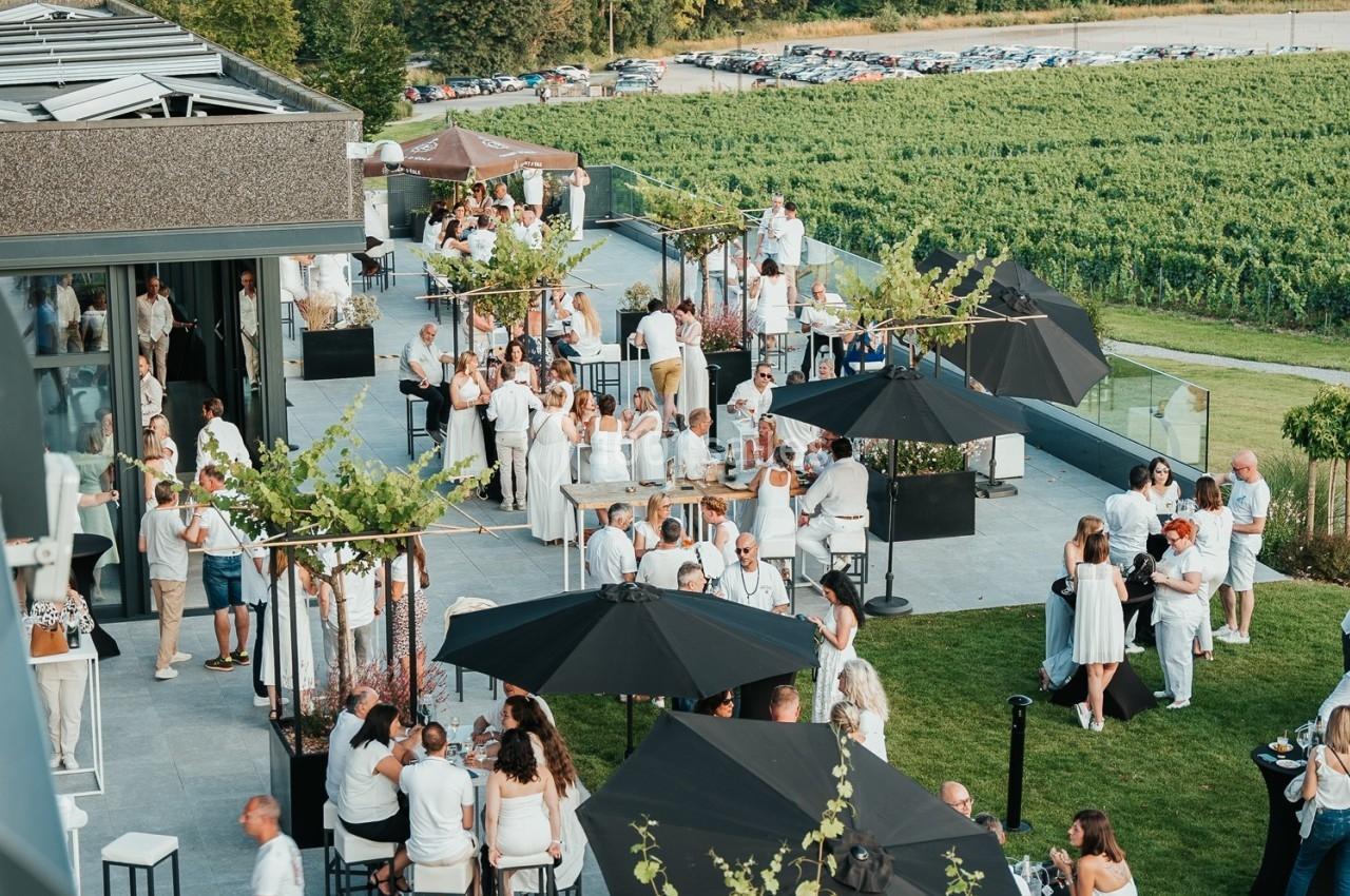 Groupe de personnes en tenue blanche rassemblées sur une terrasse avec parasols, entourée de verdure et de vignes.