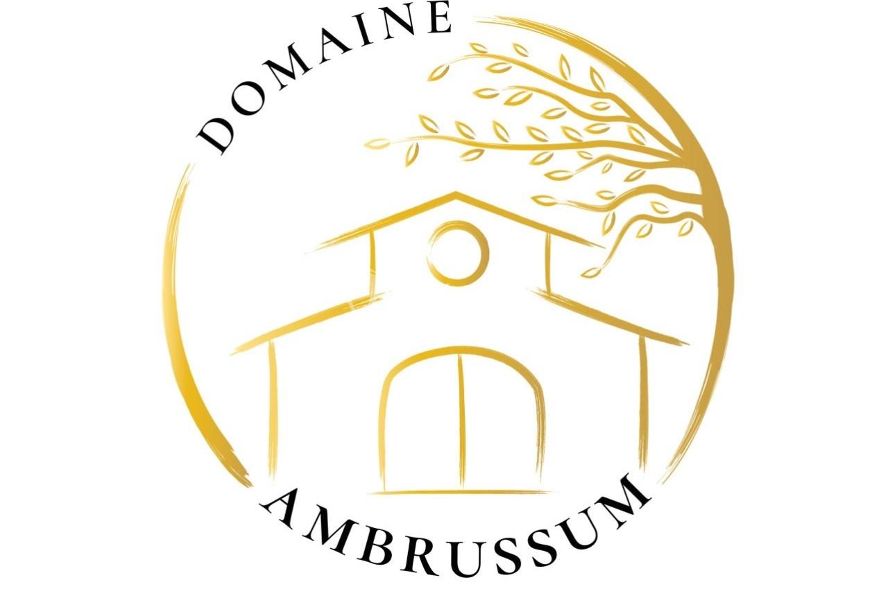 Logo du Domaine Ambrussum représentant un bâtiment stylisé entouré de branches dorées.