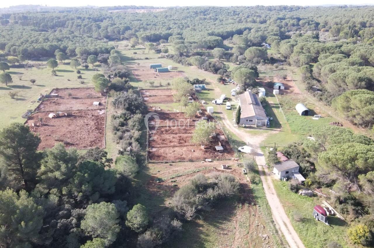 Vue aérienne d'une ferme avec des enclos, bâtiments agricoles et une forêt environnante.