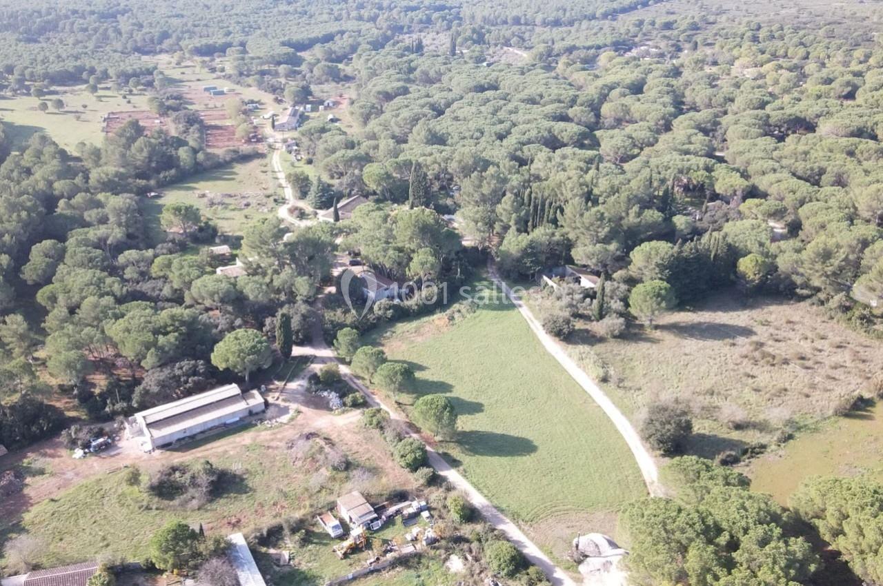 Vue aérienne d'une zone rurale avec des bâtiments dispersés, des champs et une forêt de pins environnante.
