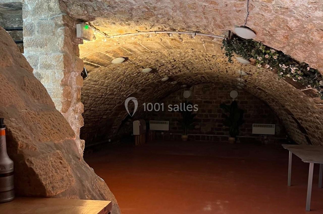 Cave voûtée en pierre avec éclairage tamisé, sol en béton rouge et quelques plantes décoratives.