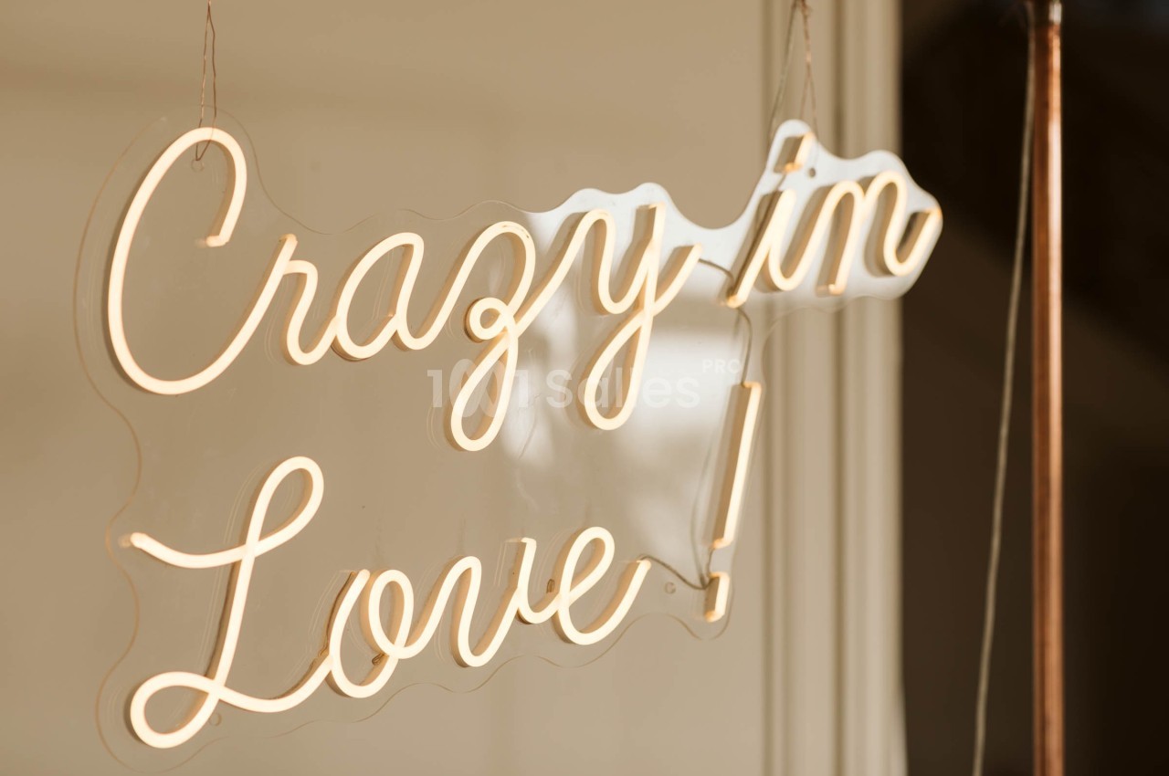 Enseigne lumineuse en néon avec l'inscription ’Crazy in Love !’ suspendue devant un fond neutre.